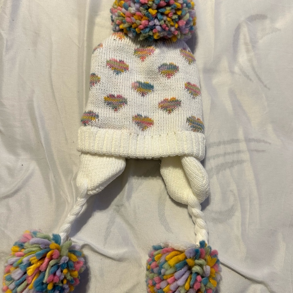 White and Pink Pom-Pom Winter Hat with Ear Flaps